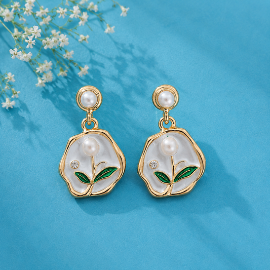 Pearl Floral Drop Earrings for Women | Gold Tone White Flower Statement Earrings