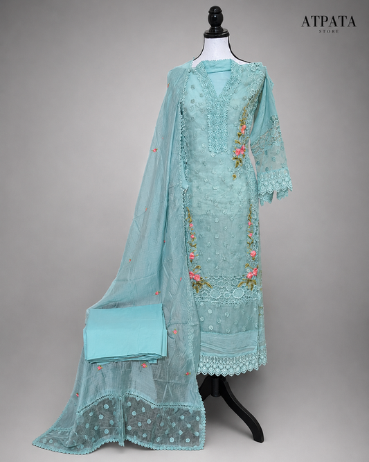 Aqua Blue Embroidered Unstitched Suit with Floral Lace Detailing & Organza Dupatta