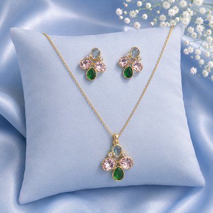 Pastel Crystal Floral Pendant Necklace & Stud Earrings Set