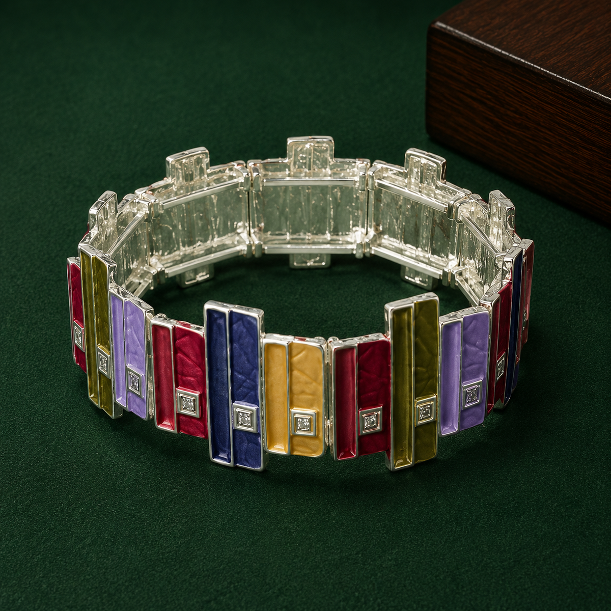 Multicolor Geometric Stretch Bracelet for Women | Silver-Tone Enamel Statement Bracelet