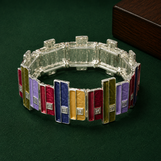 Multicolor Geometric Stretch Bracelet for Women | Silver-Tone Enamel Statement Bracelet