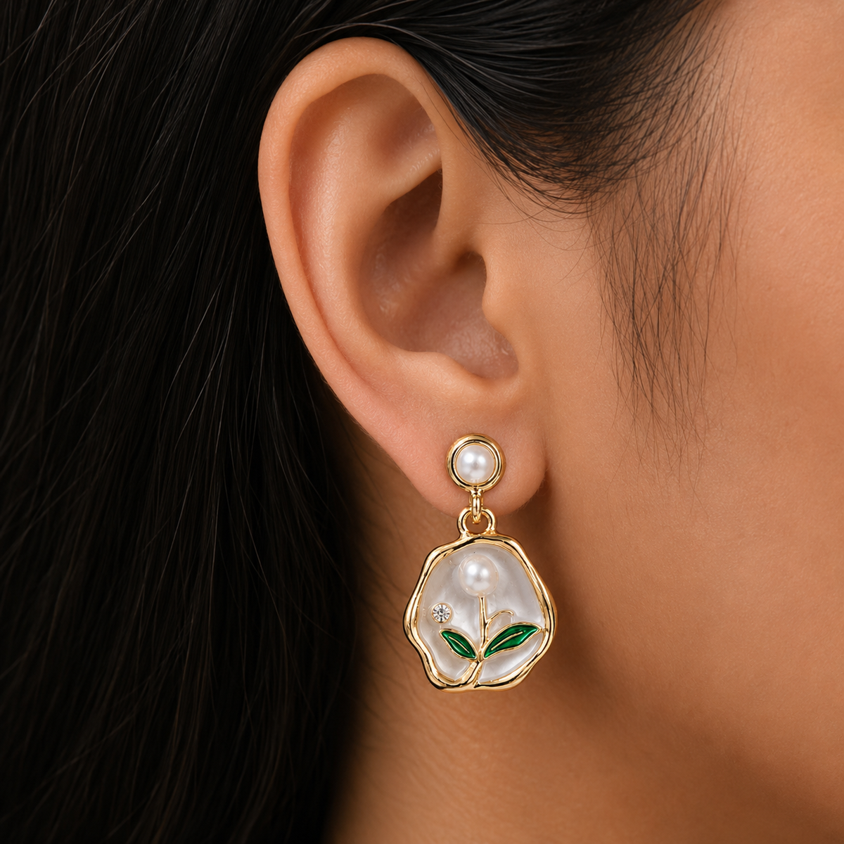 Pearl Floral Drop Earrings for Women | Gold Tone White Flower Statement Earrings
