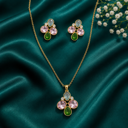 Pastel Crystal Floral Pendant Necklace & Stud Earrings Set