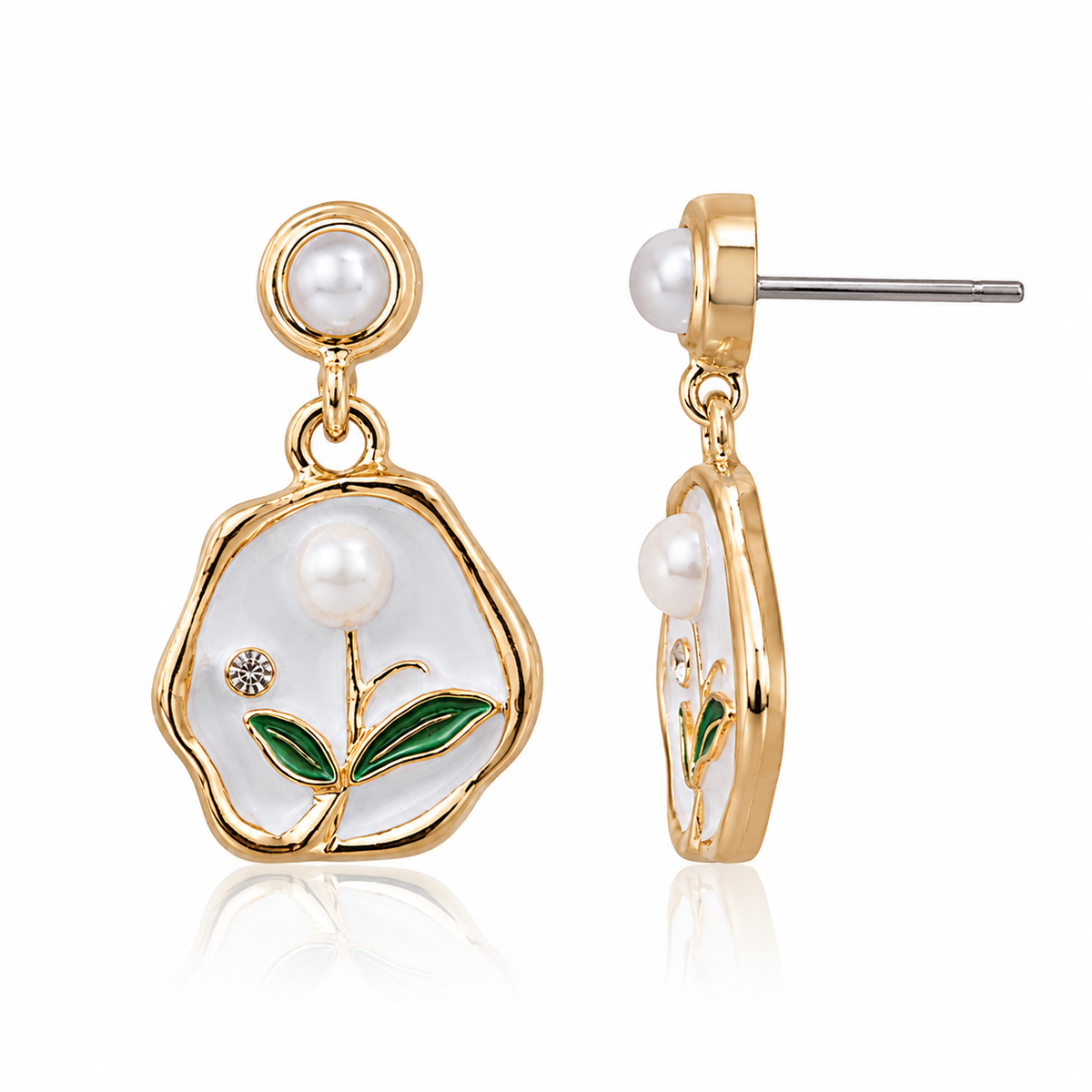 Pearl Floral Drop Earrings for Women | Gold Tone White Flower Statement Earrings