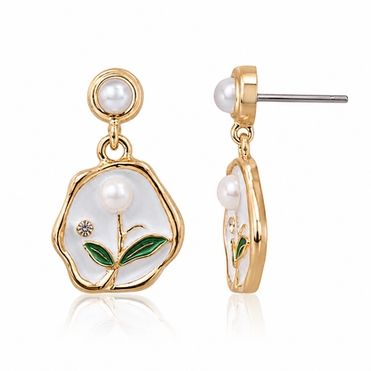 Pearl Floral Drop Earrings for Women | Gold Tone White Flower Statement Earrings