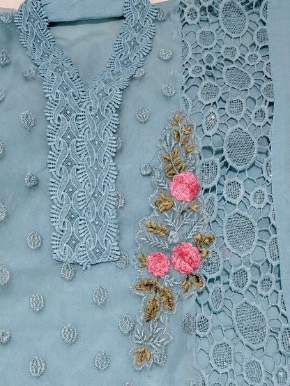Aqua Blue Embroidered Unstitched Suit with Floral Lace Detailing & Organza Dupatta