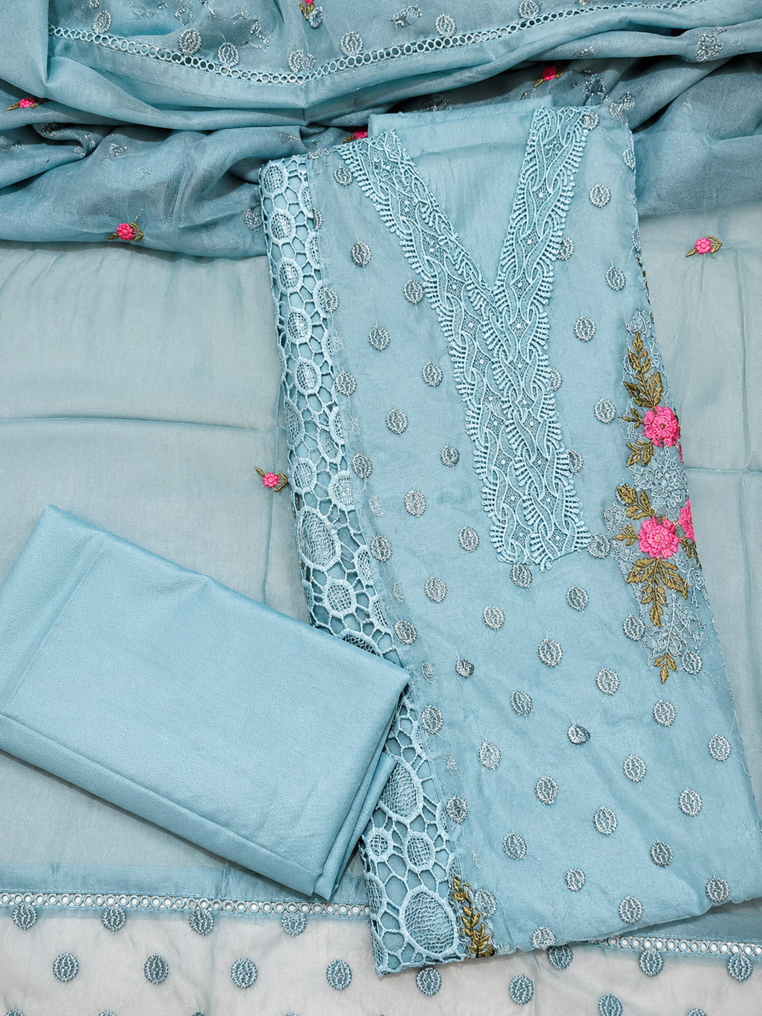 Aqua Blue Embroidered Unstitched Suit with Floral Lace Detailing & Organza Dupatta