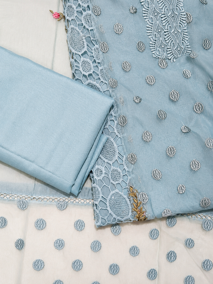 Aqua Blue Embroidered Unstitched Suit with Floral Lace Detailing & Organza Dupatta
