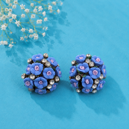 Blue Rose Crystal Cluster Stud Earrings for Women | Floral Statement Earrings
