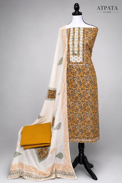 Mustard Floral Printed Unstitched Suit with Mirror Work Neck Panel & Printed Dupatta