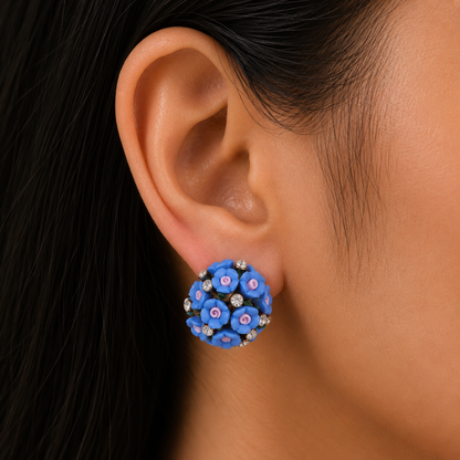 Blue Rose Crystal Cluster Stud Earrings for Women | Floral Statement Earrings