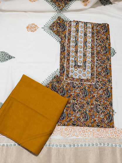 Mustard Floral Printed Unstitched Suit with Mirror Work Neck Panel & Printed Dupatta