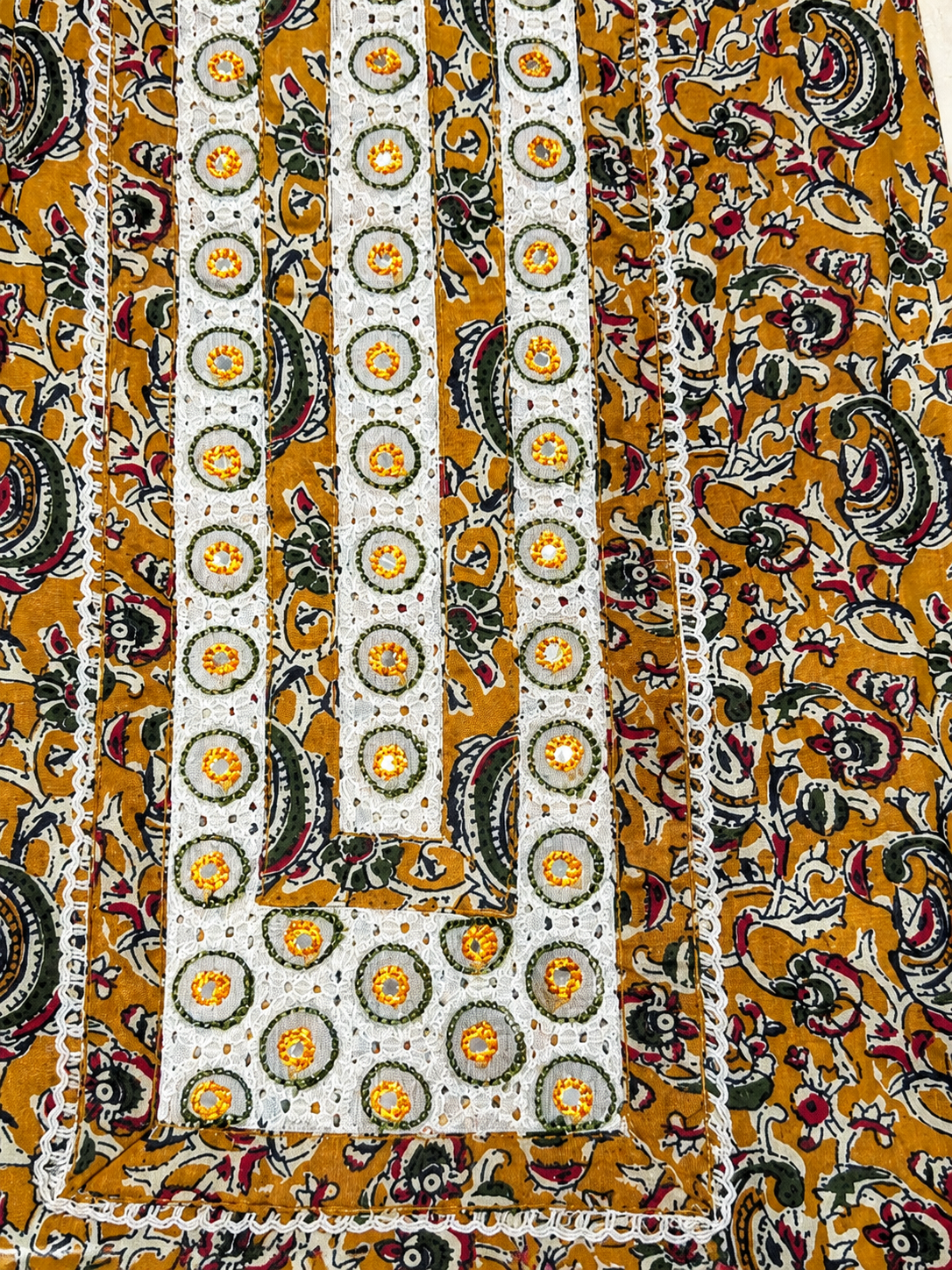 Mustard Floral Printed Unstitched Suit with Mirror Work Neck Panel & Printed Dupatta