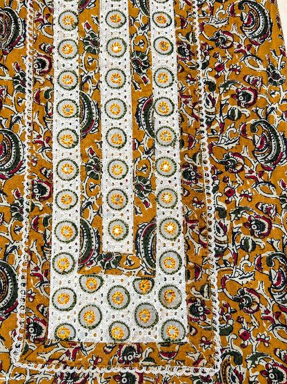 Mustard Floral Printed Unstitched Suit with Mirror Work Neck Panel & Printed Dupatta