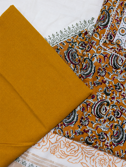 Mustard Floral Printed Unstitched Suit with Mirror Work Neck Panel & Printed Dupatta