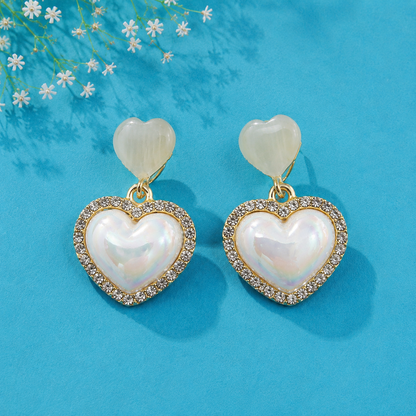 Pearl Heart Drop Earrings for Women | Crystal Heart Statement Earrings | Gold Tone Earrings