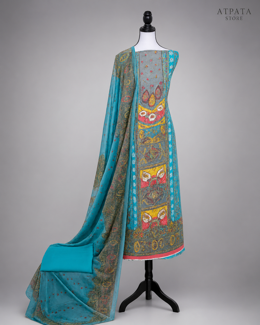 Turquoise Multicolor Digital Print Unstitched Salwar Suit with Printed Dupatta
