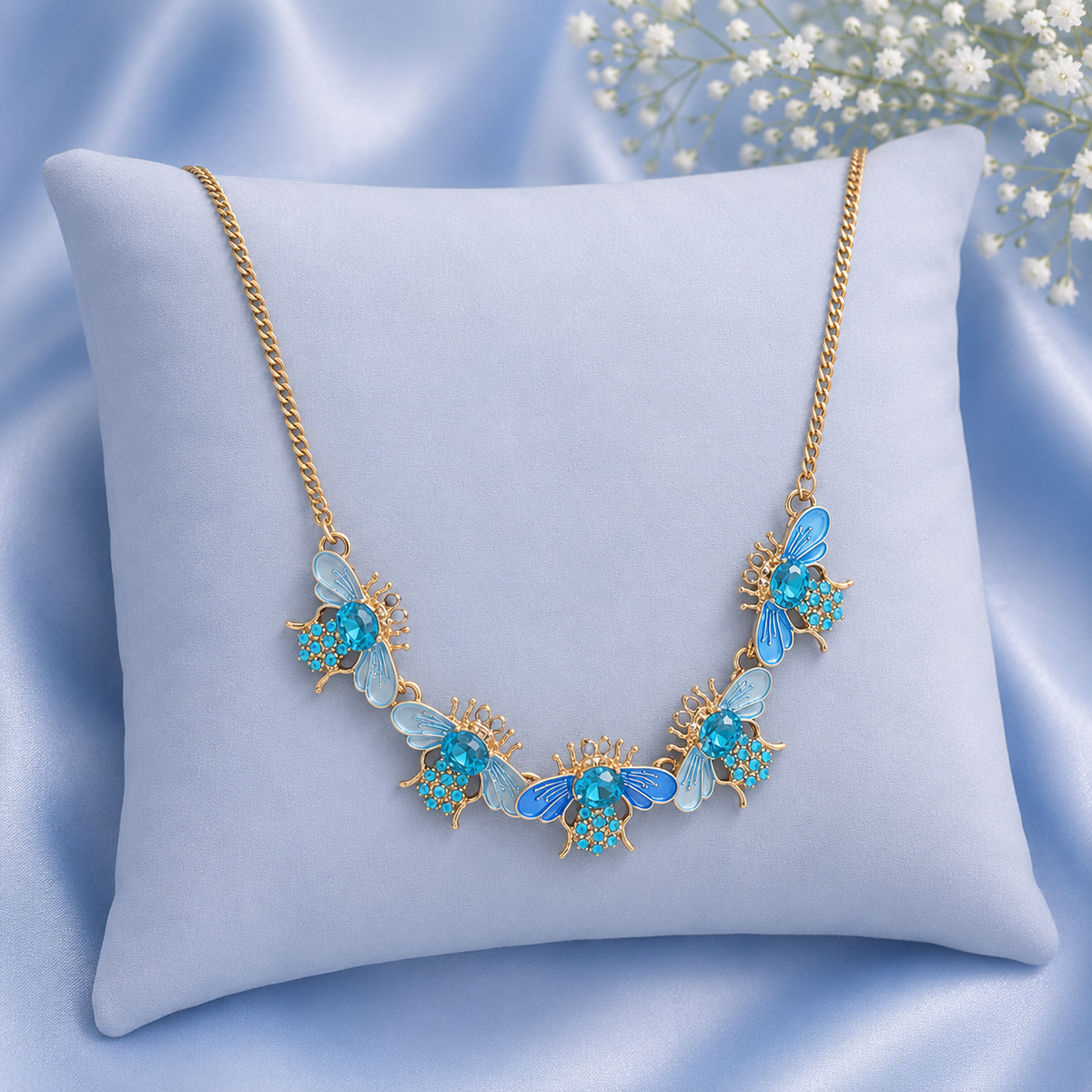 Blue Crystal Bee Statement Necklace