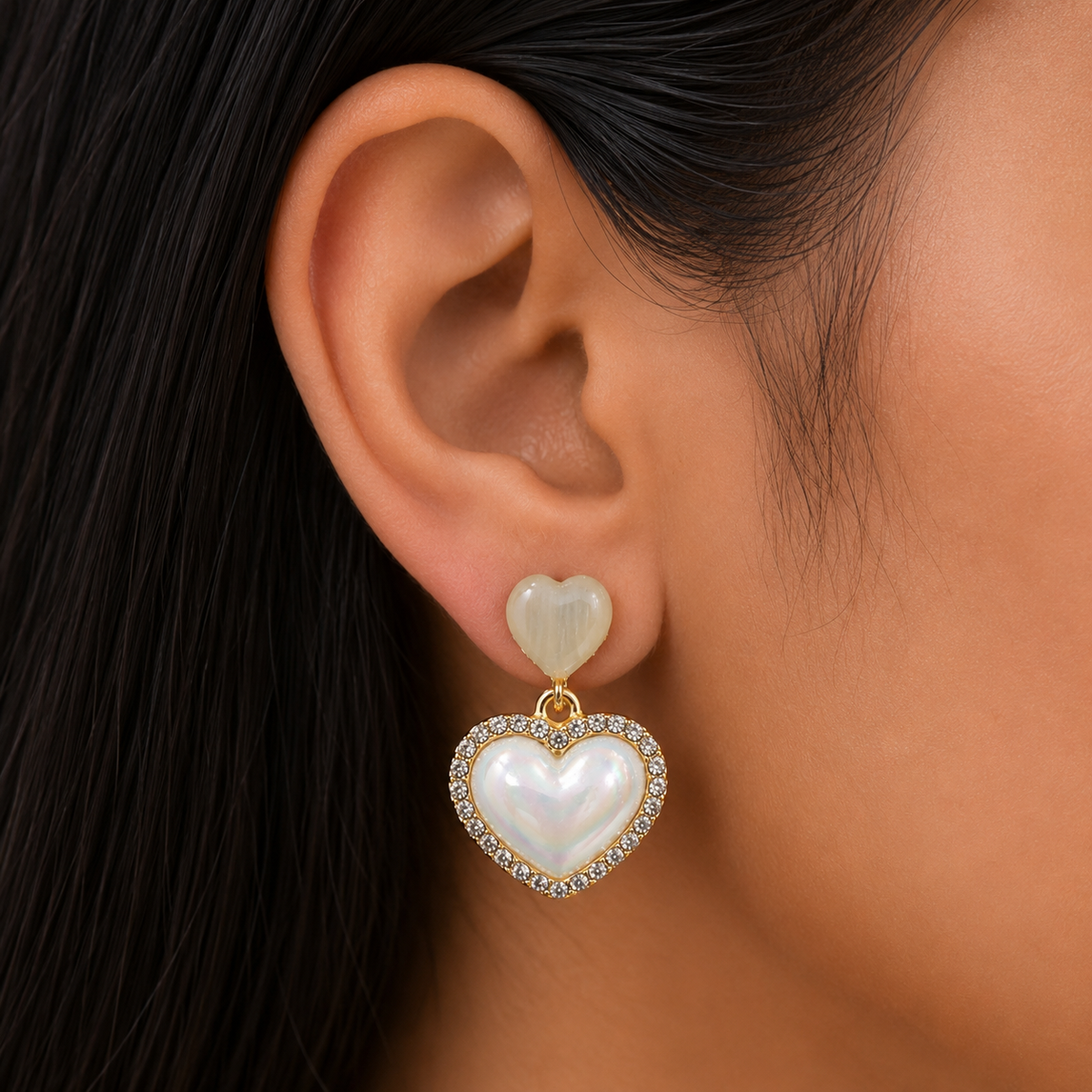 Pearl Heart Drop Earrings for Women | Crystal Heart Statement Earrings | Gold Tone Earrings