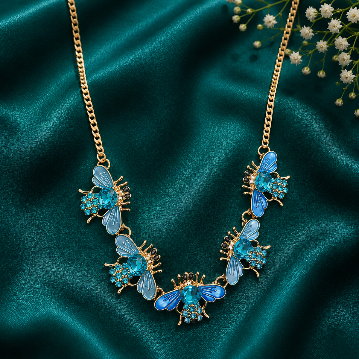Blue Crystal Bee Statement Necklace