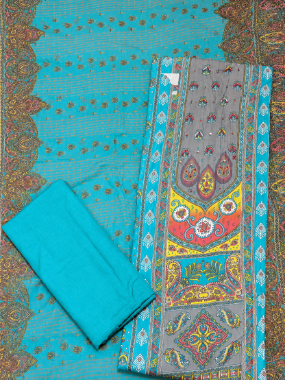 Turquoise Multicolor Digital Print Unstitched Salwar Suit with Printed Dupatta