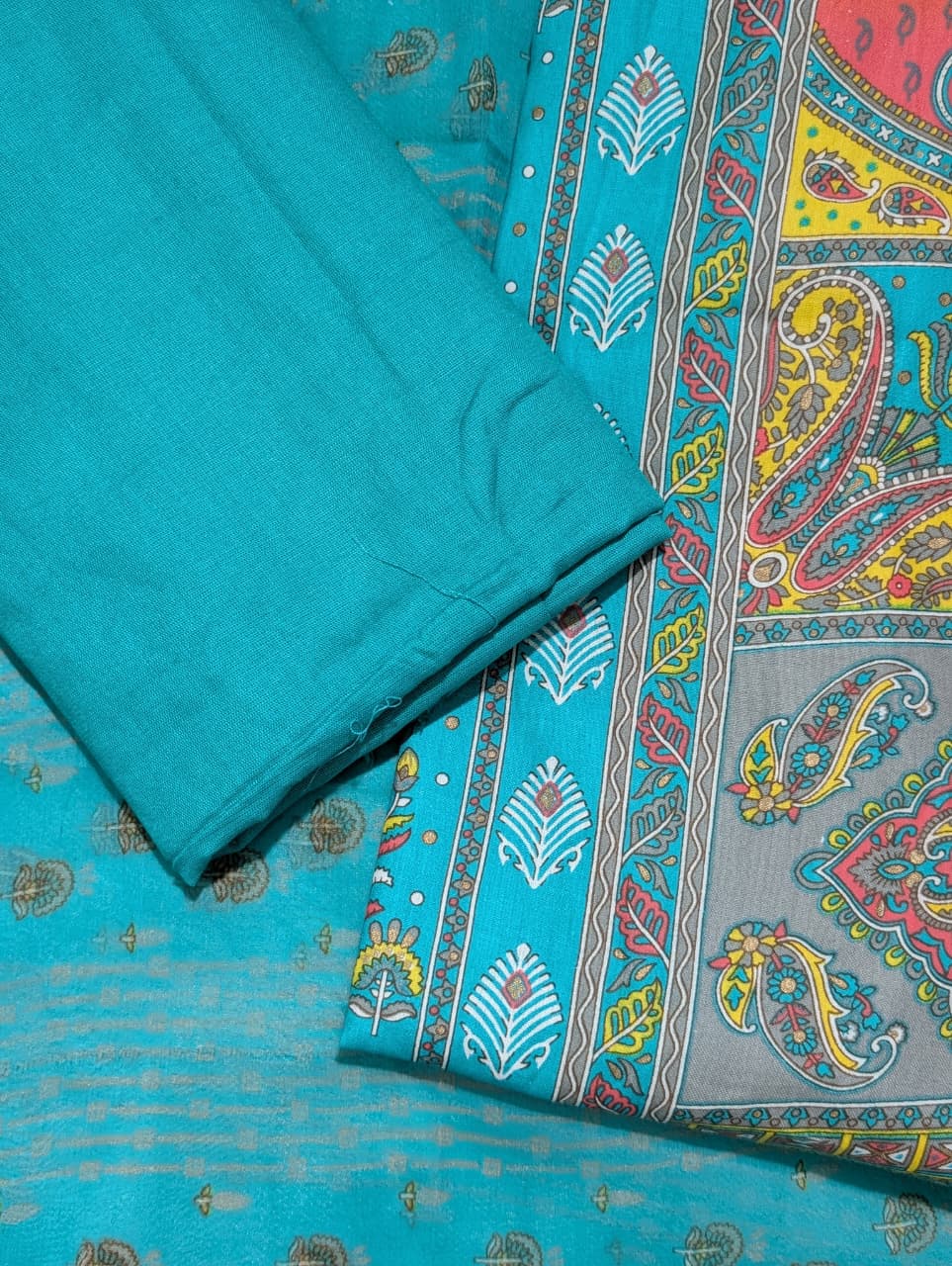Turquoise Multicolor Digital Print Unstitched Salwar Suit with Printed Dupatta
