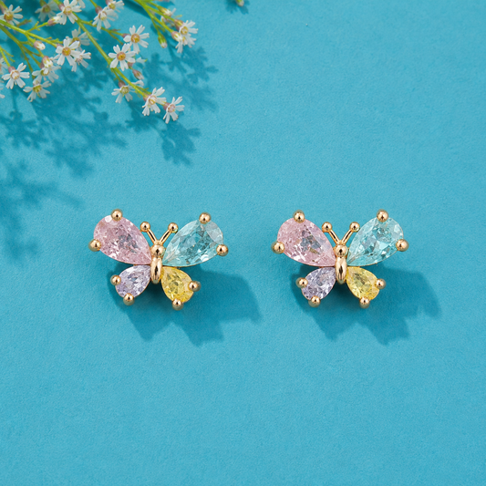 Pastel Butterfly Crystal Stud Earrings for Women | Multicolor Gemstone Butterfly Earrings
