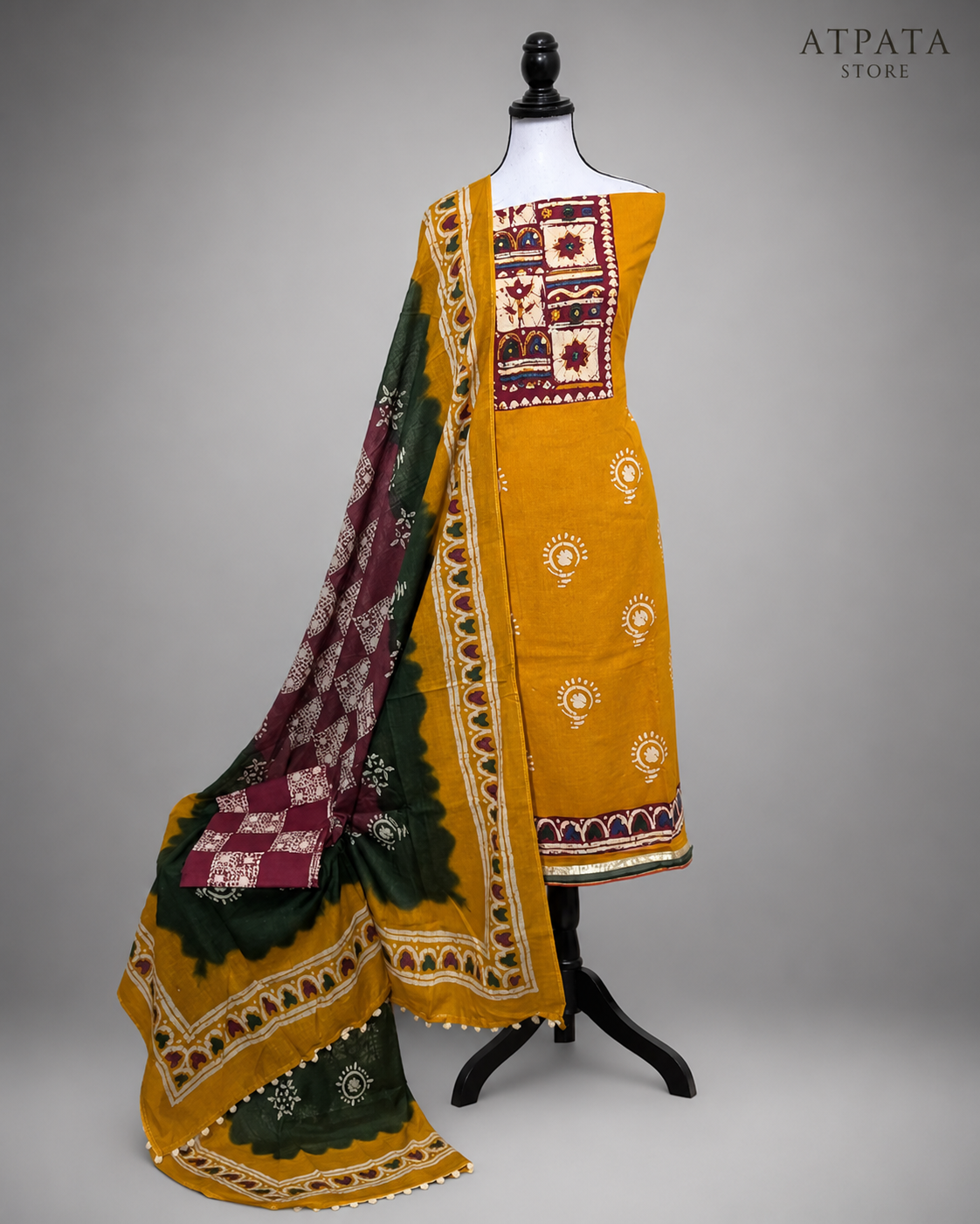 Mustard Yellow Traditional Printed Unstitched Salwar Suit with Designer Dupatta