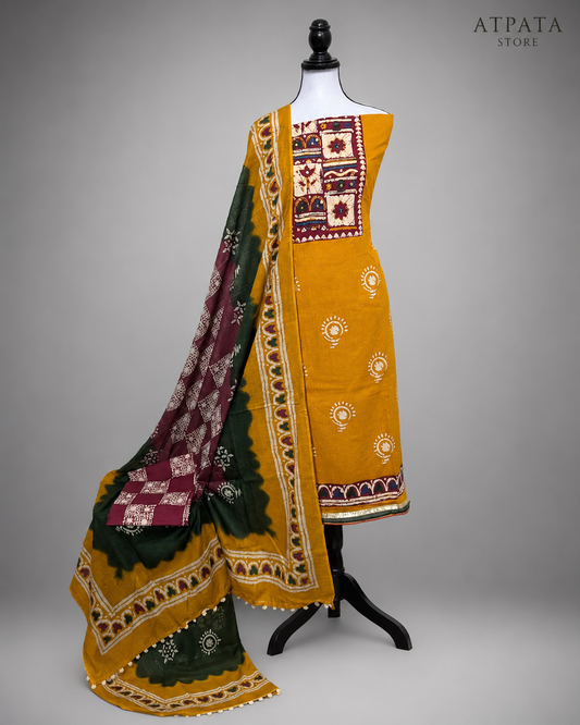 Mustard Yellow Traditional Printed Unstitched Salwar Suit with Designer Dupatta