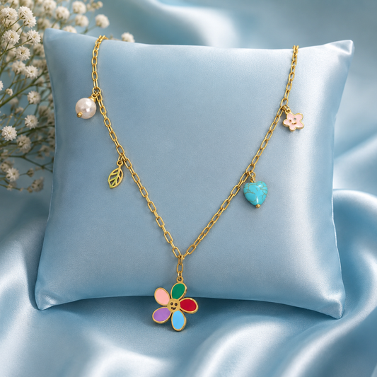 Colorful Floral Charm Pendant Necklace with Pearl & Turquoise Heart Accents
