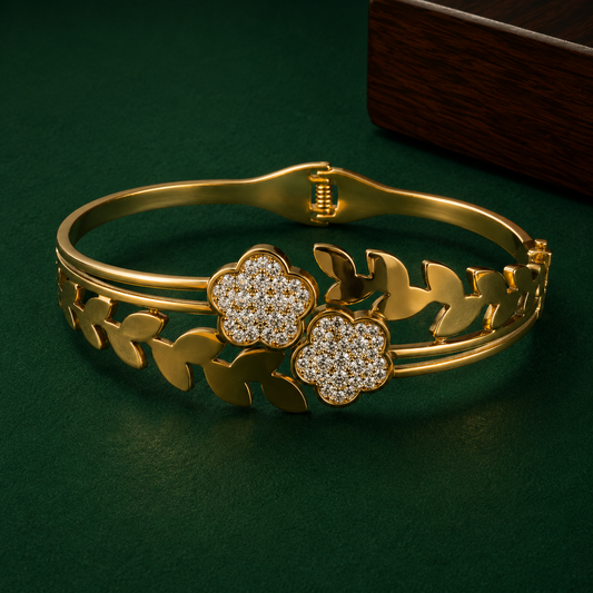 Gold-Tone Floral Leaf Bracelet for Women | Crystal Studded Designer Bangle