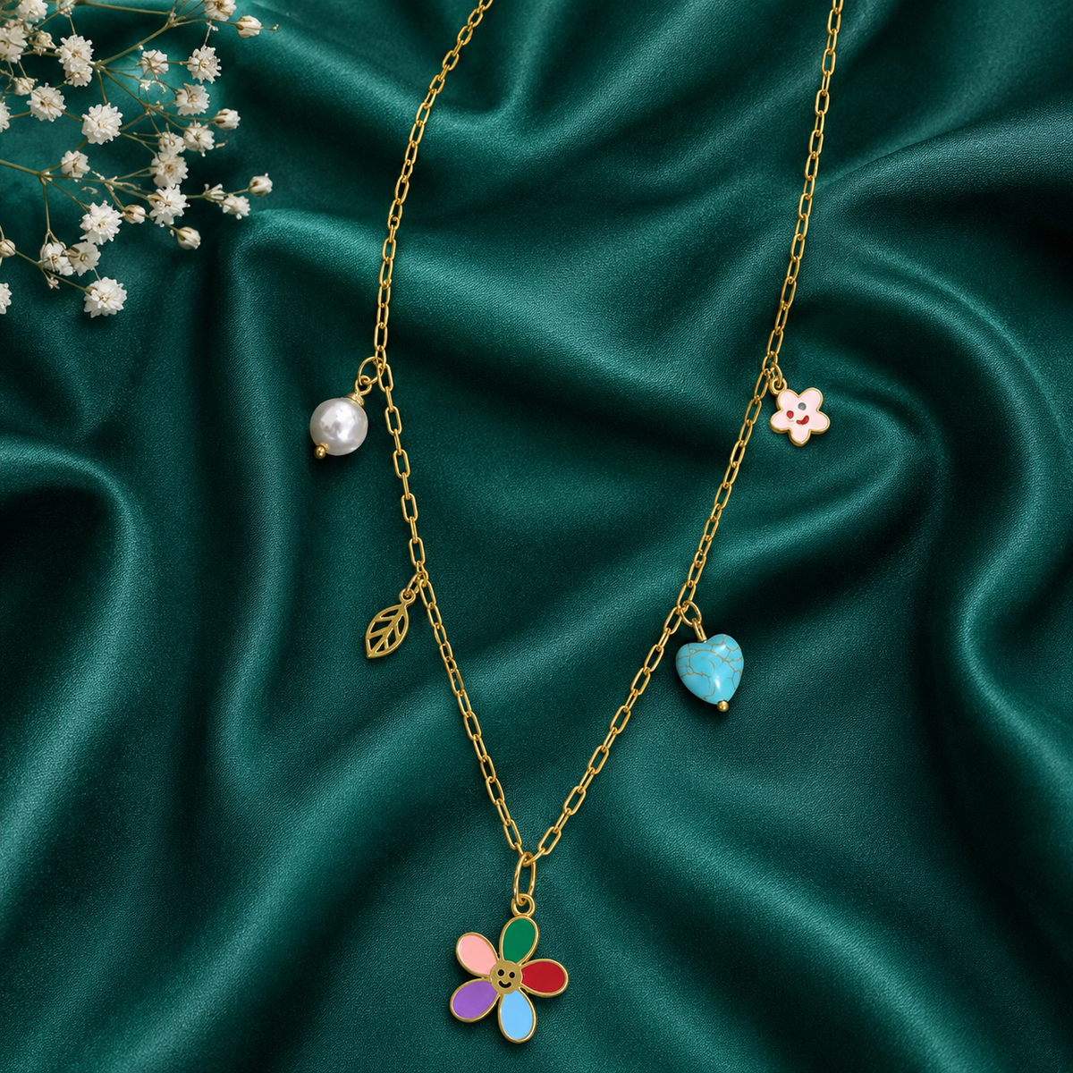 Colorful Floral Charm Pendant Necklace with Pearl & Turquoise Heart Accents