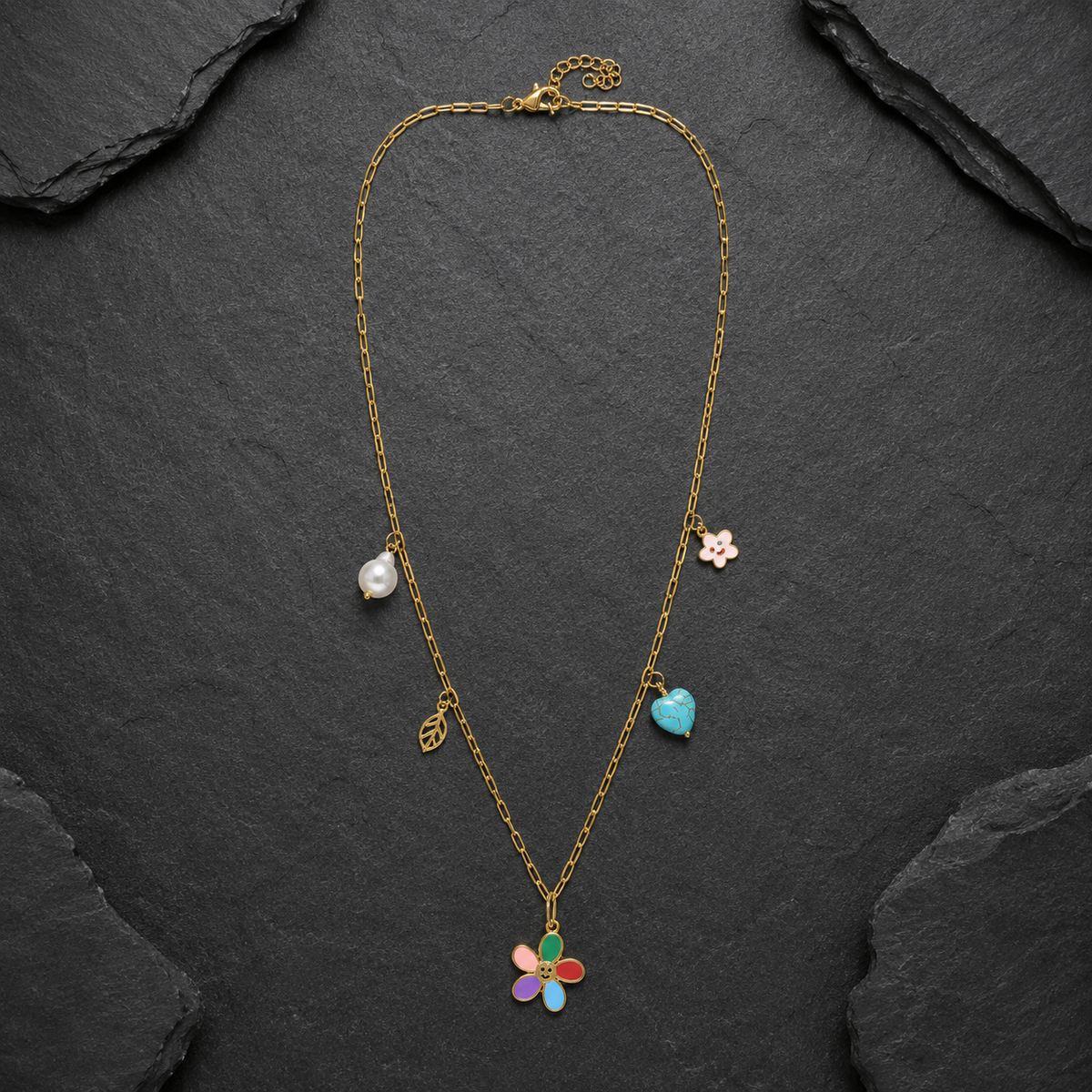 Colorful Floral Charm Pendant Necklace with Pearl & Turquoise Heart Accents