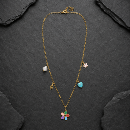 Colorful Floral Charm Pendant Necklace with Pearl & Turquoise Heart Accents