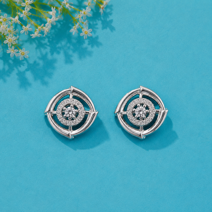 Silver Crystal Halo Stud Earrings for Women | Geometric Circle Designer Earrings
