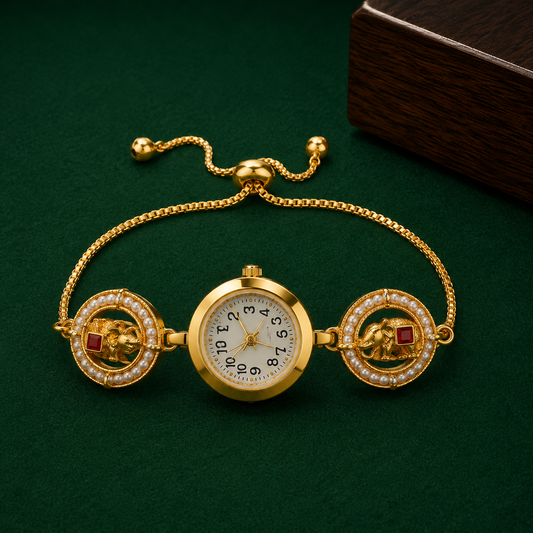 Gold-Tone Elephant Charm Bracelet Watch for Women | Pearl Accent Adjustable Chain Watch