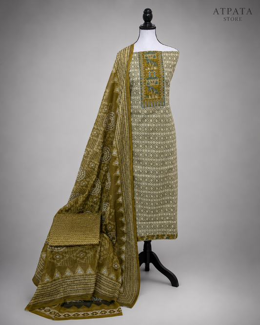Olive Green Ethnic Print Unstitched Salwar Suit with Designer Dupatta
