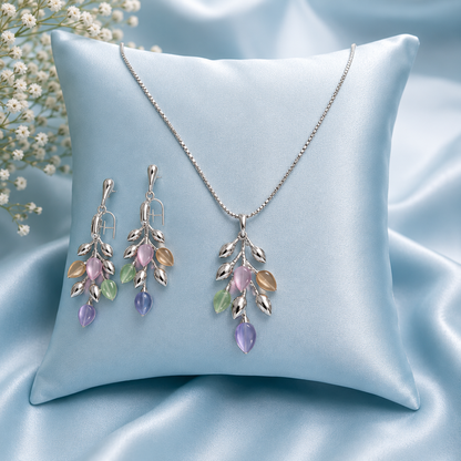 Pastel Leaf Drop Necklace & Earrings Set – Silver Tone Floral Branch Jewellery Set