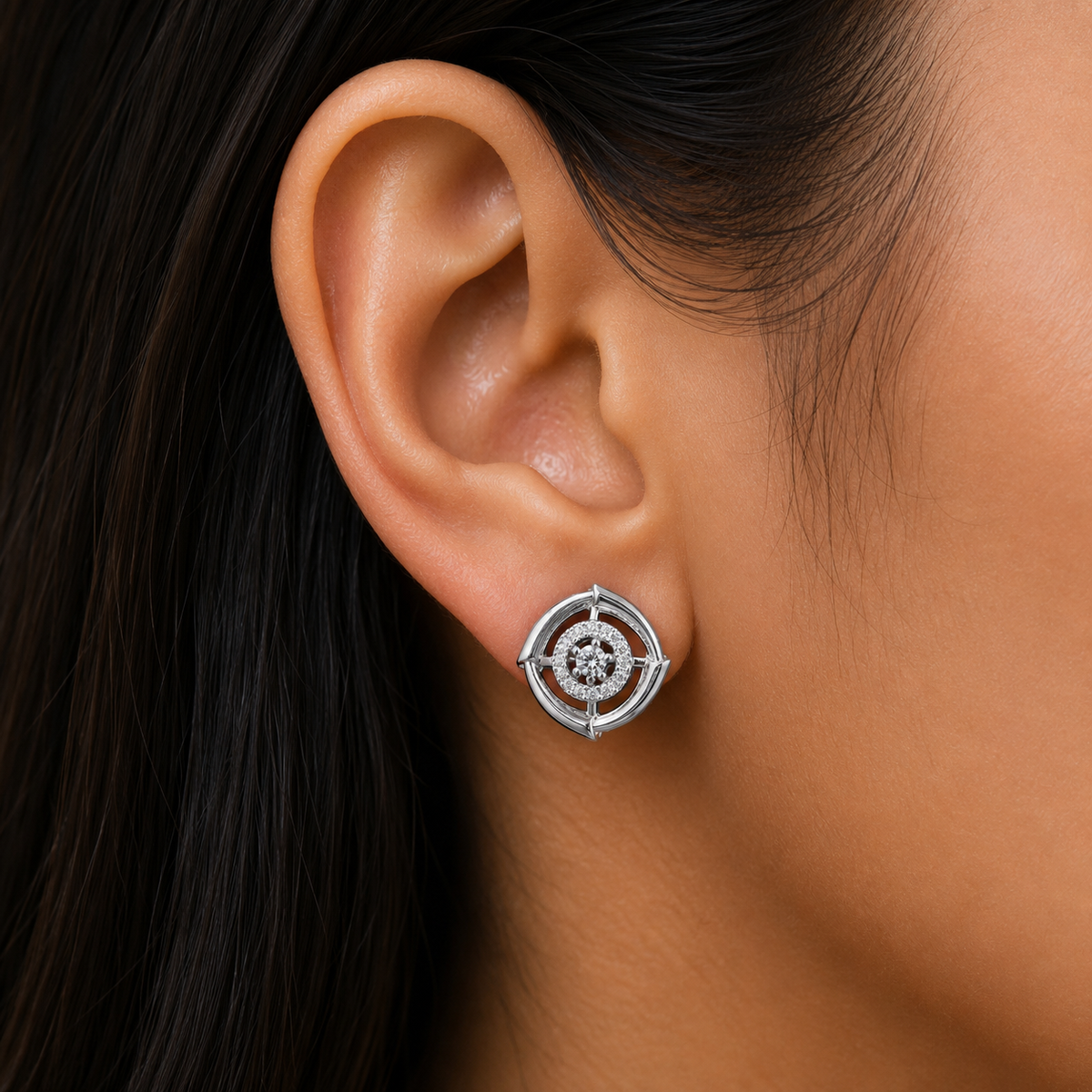 Silver Crystal Halo Stud Earrings for Women | Geometric Circle Designer Earrings