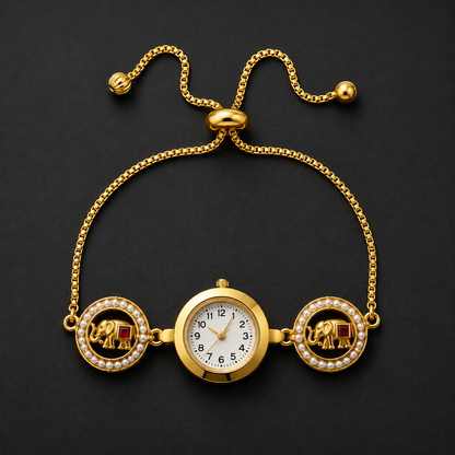 Gold-Tone Elephant Charm Bracelet Watch for Women | Pearl Accent Adjustable Chain Watch