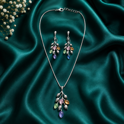 Pastel Leaf Drop Necklace & Earrings Set – Silver Tone Floral Branch Jewellery Set