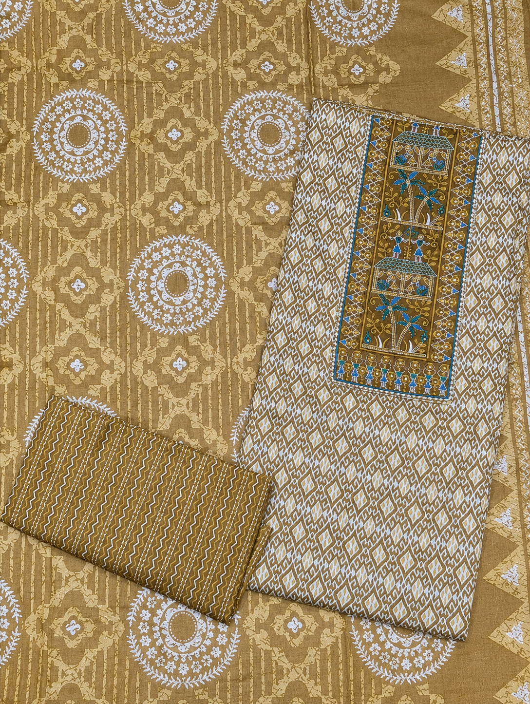 Olive Green Ethnic Print Unstitched Salwar Suit with Designer Dupatta