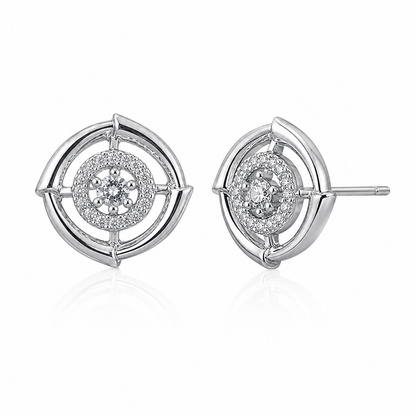Silver Crystal Halo Stud Earrings for Women | Geometric Circle Designer Earrings