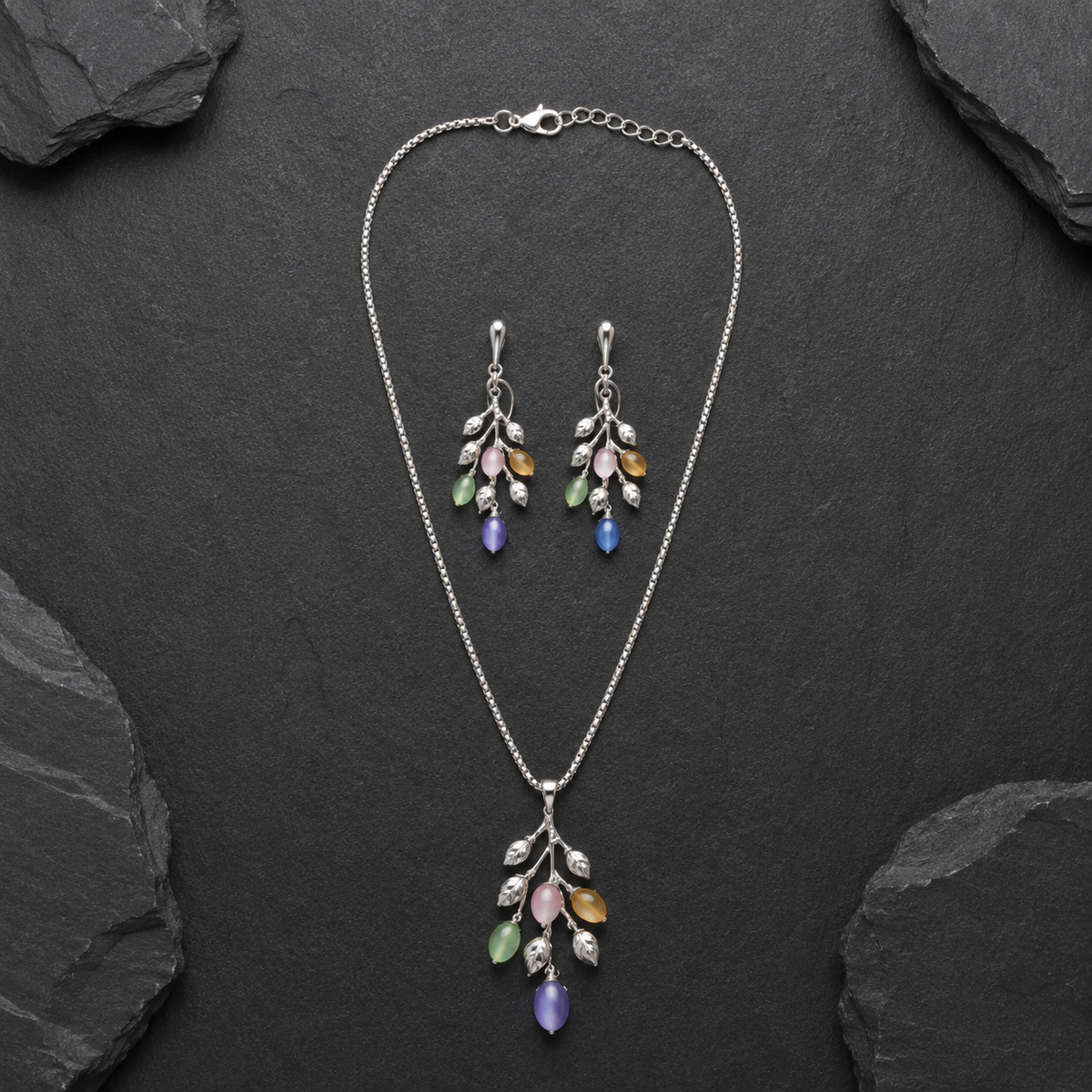 Pastel Leaf Drop Necklace & Earrings Set – Silver Tone Floral Branch Jewellery Set