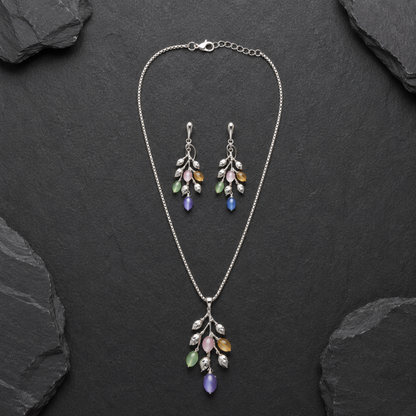 Pastel Leaf Drop Necklace & Earrings Set – Silver Tone Floral Branch Jewellery Set