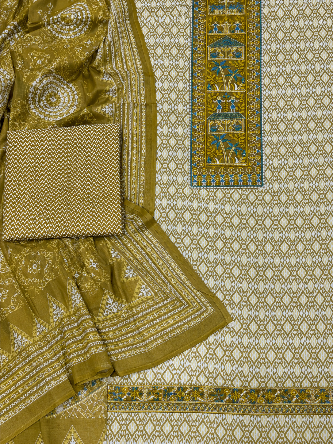 Olive Green Ethnic Print Unstitched Salwar Suit with Designer Dupatta
