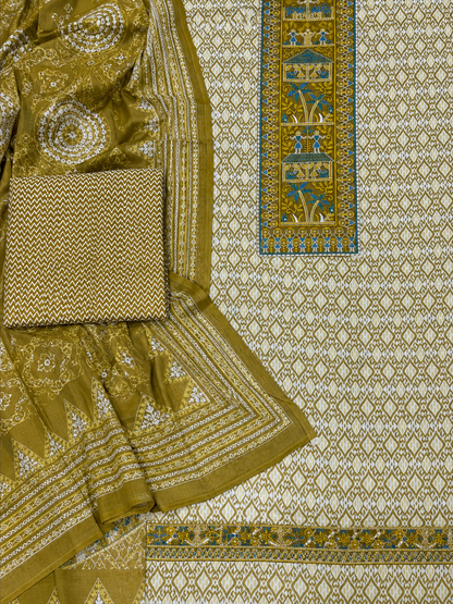 Olive Green Ethnic Print Unstitched Salwar Suit with Designer Dupatta