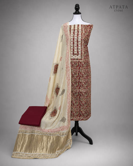 Maroon Floral Print Unstitched Salwar Suit with Ivory Printed Dupatta