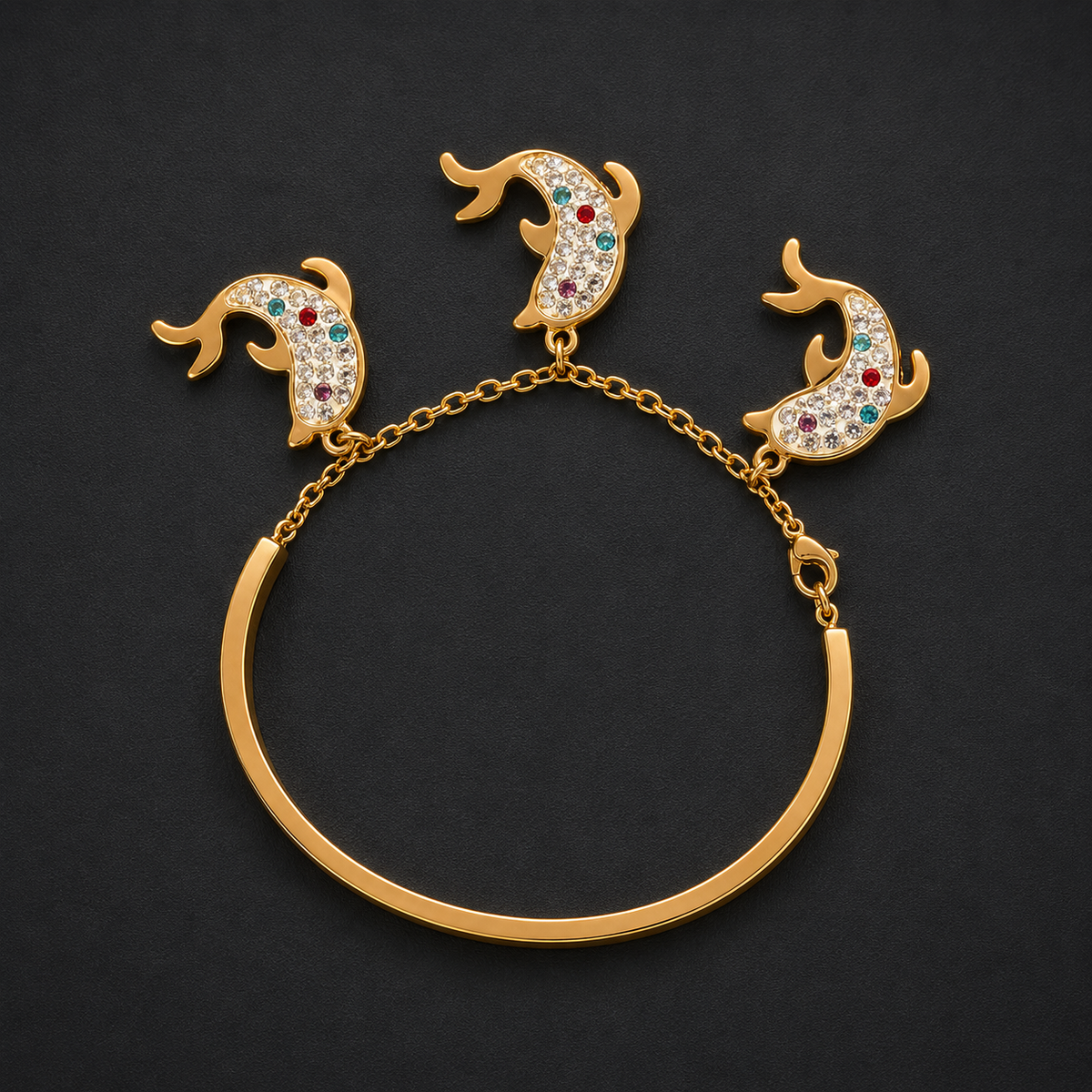 Gold-Tone Dolphin Charm Bracelet for Women | Crystal Studded Designer Bangle