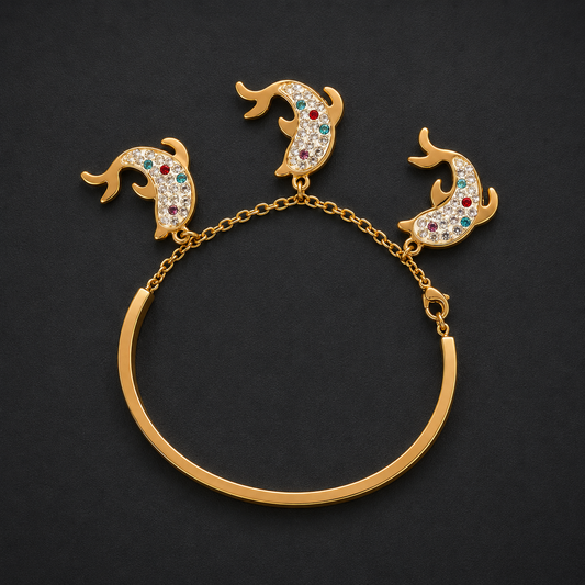 Gold-Tone Dolphin Charm Bracelet for Women | Crystal Studded Designer Bangle